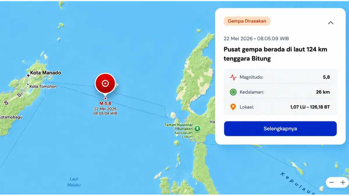 Peta pusat gempa bumi M 5,9 di Laut Maluku Utara 22 Mei 2026.