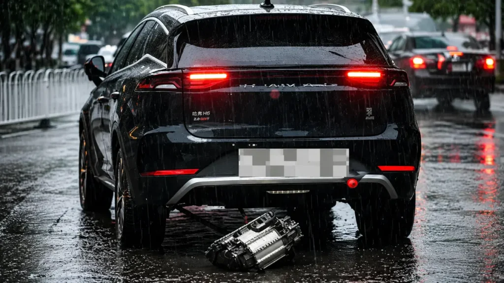 SUV listrik BYD Tang berada di tengah banjir di Shenyang, China, setelah sebuah komponen di bagian bawah kendaraan terlepas.