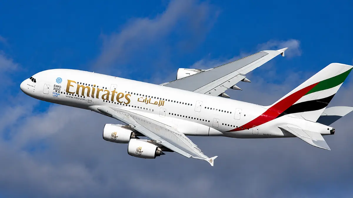 Pesawat Emirates Airbus A380 yang tertahan di Bandara Hangzhou Xiaoshan, Tiongkok.