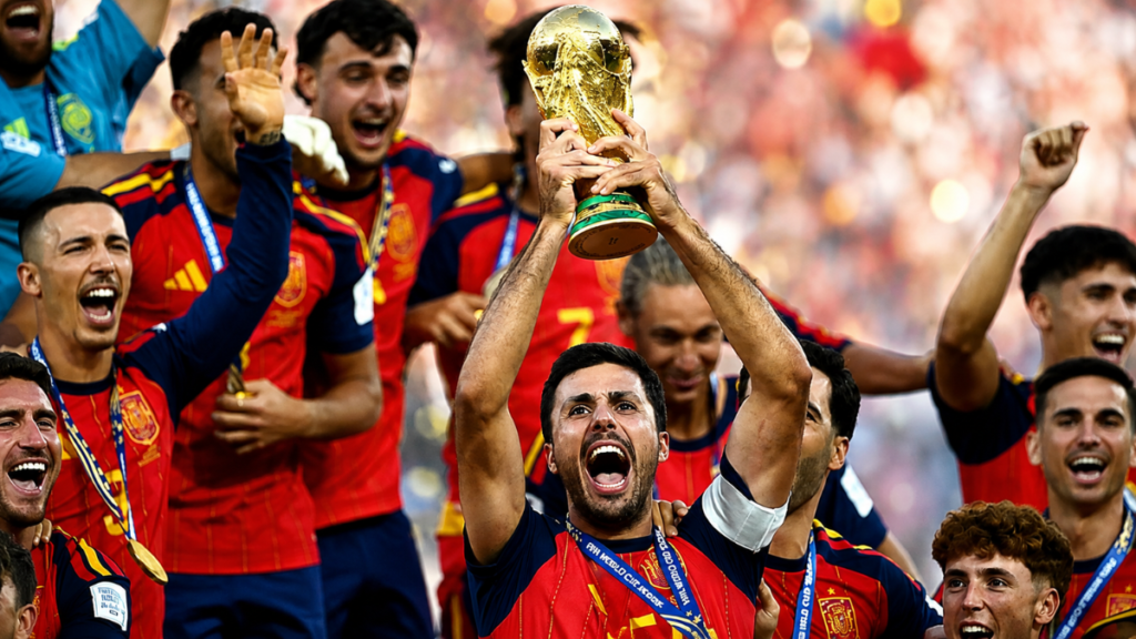 Timnas Spanyol merayakan gelar juara sebagai pemenang Piala Dunia 2026 usai mengalahkan Argentina.
