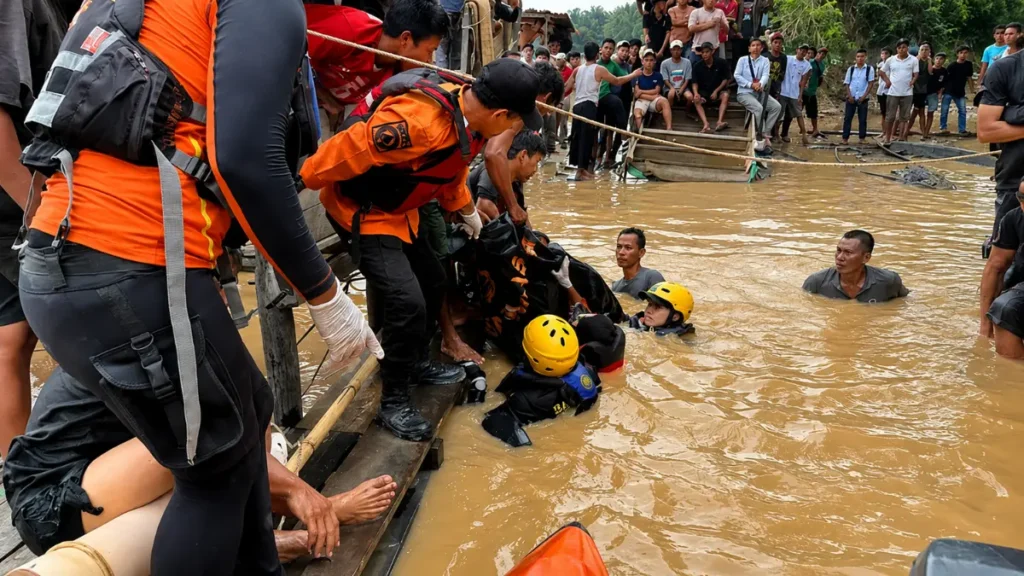 Tim SAR mengevakuasi mobil travel yang terjun ke Sungai Batanghari di Kabupaten Batang Hari, Jambi.
