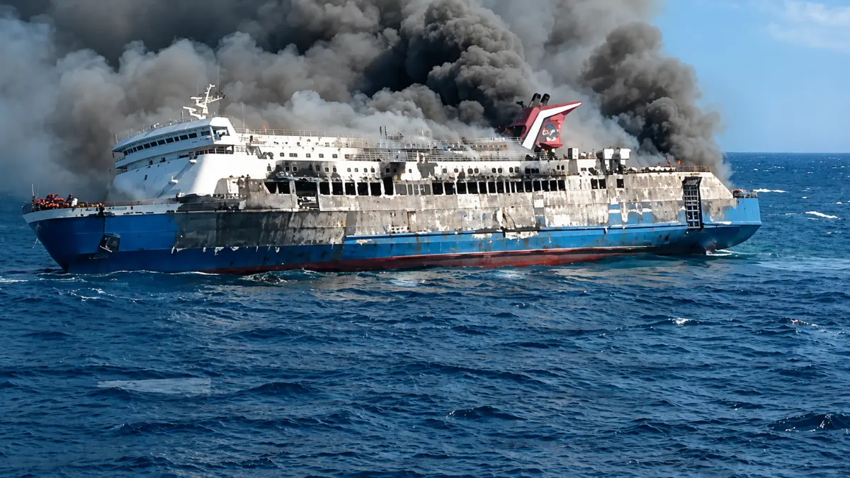 Asap hitam membumbung dari KM Mutiara Sentosa 2 yang terbakar di perairan utara Sumenep, Madura.