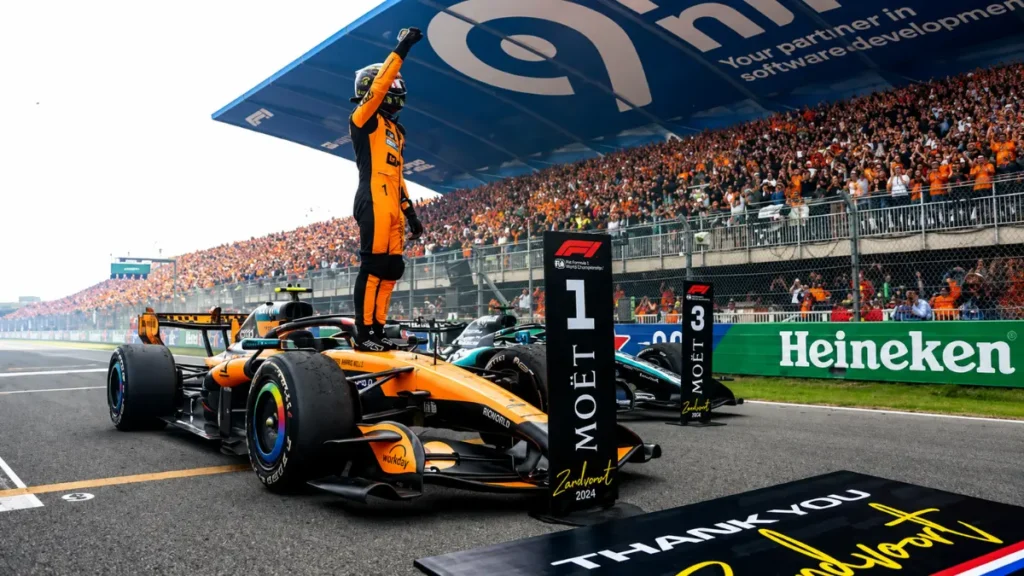 Lando Norris memenangkan F1 GP Belanda 2026 di Zandvoort setelah mengalahkan Kimi Antonelli melalui strategi overcut McLaren.