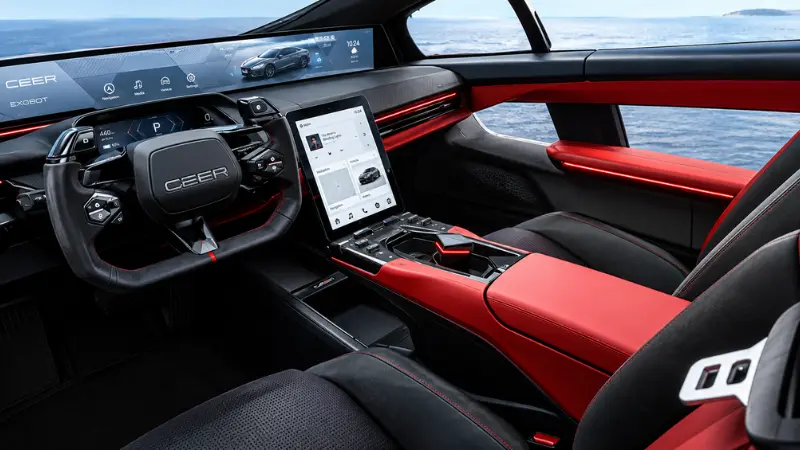 Interior Ceer Exobot dengan layar dashboard 48 inci dan infotainment 10,4 inci