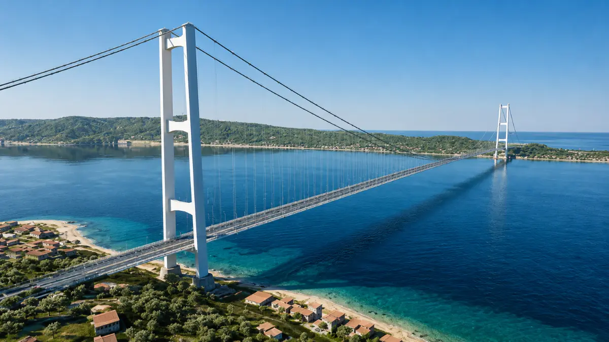 Ilustrasi Strait of Messina Bridge yang dirancang menjadi jembatan gantung terpanjang di dunia dengan bentang sekitar 3,7 kilometer.