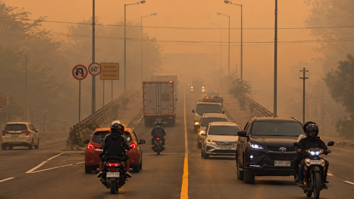 Kabut asap akibat karhutla menyelimuti Kota Palangka Raya, Kalimantan Tengah, menyebabkan kualitas udara berbahaya dan jarak pandang kurang dari 100 meter.